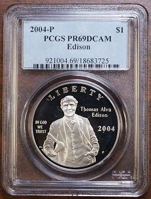 2004-P Thomas Edison Silver Dollar, PCGS PR-69 DCAM - Image 1 of 2