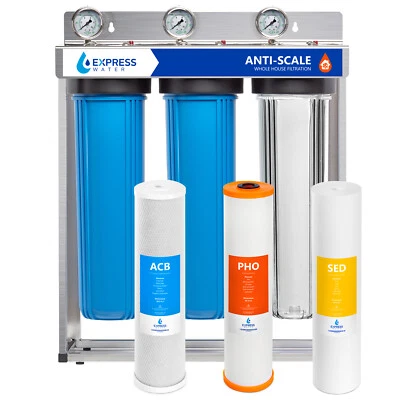 Whole House Water Filter System Carbon Phosphate Sediment 3 Stage 4.5" x 20 Inch - Image 1 of 4