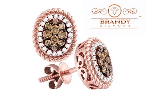 Brandy Diamond Chocolate Brown 14K Ravishing Rose Gold Rope Design Halo Earrings - Picture 1 of 4