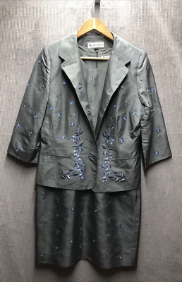 Vestido y Chaqueta Travis Ayers Talla 10 Gris Bordado Flores 100% Seda Foto 1 de 4