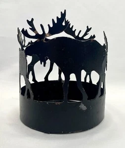 Outdoor Themed Rustic Round Black Metal Die Cut Four Moose Candle Holder 4” Tall - Picture 1 of 10