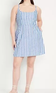 Old Navy Fit & Flare Linen Blend Pockets Striped Cami Mini Dress Size XL - Picture 1 of 10