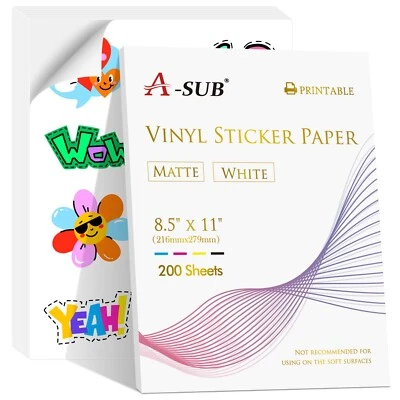 50-200 PK A-SUB Printable Vinyl Sticker Paper for Inkjet Waterproof Matte White