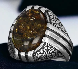 925 Sterling Silver Men's Ring Turkish Handmade Natural Stonede Amber Stone - Picture 1 of 3