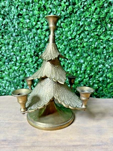 Vintage Brass Etched Christmas Tree Five Candle Holder Decor MCM Mid Century 8” - Picture 1 of 10