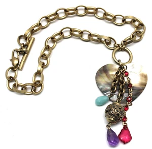 Kenneth Cole Reaction Chocker Necklace Brass Tone Heart Beads Dangle Pendant 11" - Picture 1 of 7