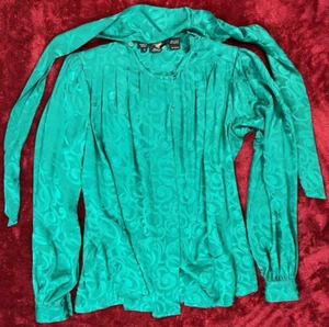 Vintage Oleg Cassini Womens Size 8 Turquoise Floral Long Sleeve 100% Silk 80s - Picture 1 of 10