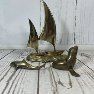 Vintage Messing Segelboot Robbe Delfin Skulpturen 3er Set Figuren MCM Maritim - Bild 1 von 24