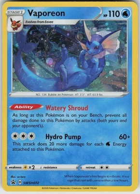 Pokemon Vaporeon - SWSH072 SWSH: Sword & Shield Promo Cards Promo NM - Image 1 of 2