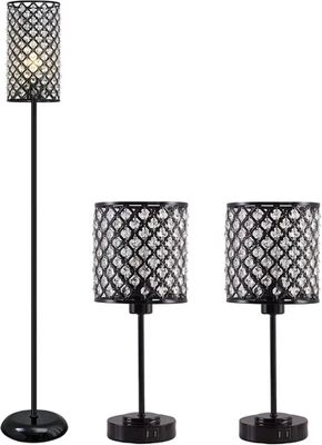 Juego de Lámpara de Noche y Lámpara de Pie, Lámpara de Mesa de Cristal Negro con Puertos USB+Cristal Foto 1 de 4