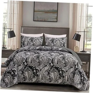 Black Paisley Quilt Set Queen Size Boho Bedspread Coverlet Set 3 Pieces, Soft - Picture 1 of 7