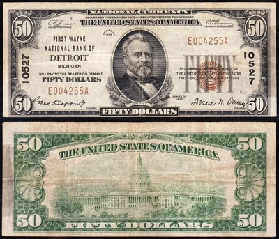 SCARCE 1929 $50 DETROIT, MI National Banknote! FREE SHIPPING! E004255A - Image 1 of 3