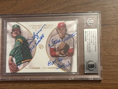 2018 Topps Dynamic Duals card signed Steve Carlton Rollie Fingers Beckett - Image 1 of 3