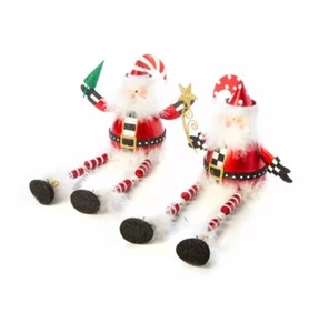 MacKenzie-Childs Hand Painted Feather Dangling Legs Santa Figurine Set 2 Mantle - Picture 1 of 3