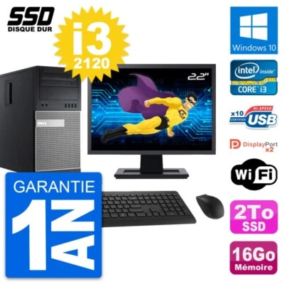 PC tour DELL 9010 Pantalla 22" Intel Core i3-2120 RAM 16Go SSD 2To Windows 10 Wi - Imagen 1 de 4