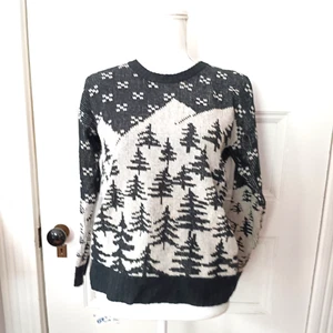 J CREW Sweater 100% WOOL Snow Ski Cabin Trees Mountain Black White Ugly Size XS - Picture 1 of 8