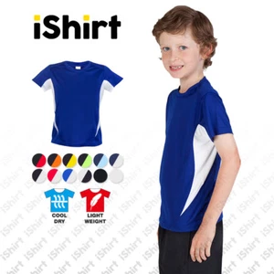 KIDS TEES T-SHIRT 100% POLYESTER COOL DRY BREATHABLE ACTION SIDE PANEL TEE - Picture 1 of 17