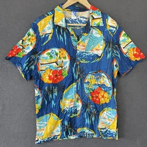 Vintage Ocean Pacific Hawaiian Shirt Mens Size L Blue Sea Floral Sunwear Boat - Picture 1 of 13