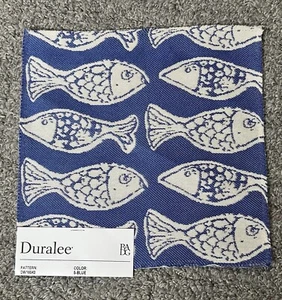 Duralee Fabric Sample 8.5” x 8.25” DW16043 Blue White Fish Surf Ocean Fishing - Picture 1 of 19