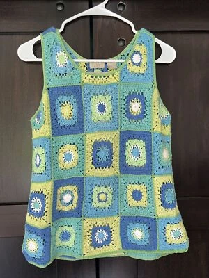 Sigrid Olsen Granny Crew Neck Hand knitted Tank Vest Top y2k Vintage Green Blue - Image 1 of 4