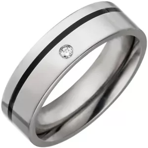Ring Titanring aus Titan mit schwarzer Keramik Streifen Diamant Brillant flach - Bild 1 von 1