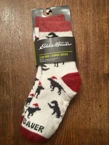 Eddie Bauer Womens ladies Fireside Lounge Socks White w/ Dogs Santa hat NWT - Picture 1 of 7
