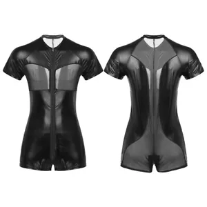 Herren Body Leder-Optik Mesh Kurzarm Bodysuit Jumpsuit mit Reißverschluss Sexy - Bild 1 von 12