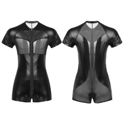 FEESHOW Herren Body Wetlook Unterhemd Mesh Jumpsuit Overall Zip Catsuit Clubwear Dessous