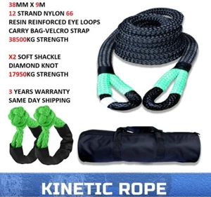 Kinetic Rope 38mm x 9m 38.5T Recovery Dyneema Tow Winch Rope+ 2x Soft Shackles - Picture 1 of 9