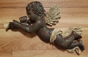 Ornate Angel Cherub w/ Trumpet Wall Hanging - Brown / Cream Tan 14.5" Long - Picture 1 of 10