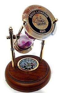 Sand Timer with Compass on Wooden Base Hourglass Clock Nautical Theme Decor