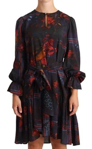 BALLANTYNE Dress A-line Navy Blue Floral Silk Long Sleeve Knee Length IT40/US6/S - Picture 1 of 9