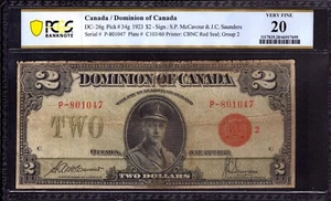 1923 $2 DOMINION OF CANADA NOTE DC-26g RED SEAL KING EDWARD VIII PCGS B VF 20 - Picture 1 of 4