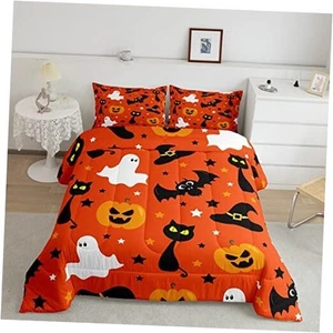Halloween Comforter Set Ghost Pumpkin Lantern Black Cats Queen Multi 039 - Picture 1 of 6