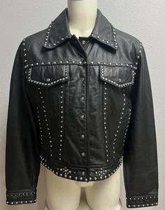 Vintage Wilson’s Maxima Black Leather Studded Moto Jacket Women’s Size L TOP - Bild 1 von 15