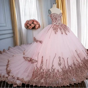 Vestidos de quinceañera rosa apliques con lentejuelas vestido de baile fuera del hombro dulce 16 ﻿ - Imagen 1 de 7