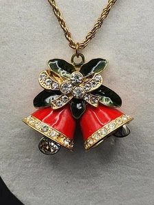 BETSEY JOHNSON LOVELY RED CRYSTAL FLORAL TOP DOUBLE BELLS PENDANT CHAIN NECKLACE - Picture 1 of 5