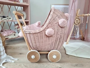 Wicker Doll Cart Pink With Bedding, Doll Stroller 1-3 Years - Picture 1 of 6