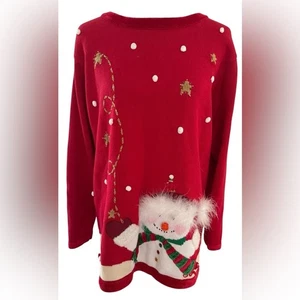 Quaker Factory Red Snowman Ugly Christmas Sweater Size Large - Picture 1 of 12