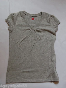 Girls Tee Shirt HANES V Neck w/ Gathers GRAY Cap Sleeve M 7-8 - Picture 1 of 1