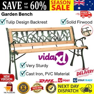 Garden Bench Outdoor Wooden Seat Cast Iron Legs Tulip-Patterned Design Backrest - Picture 1 of 13