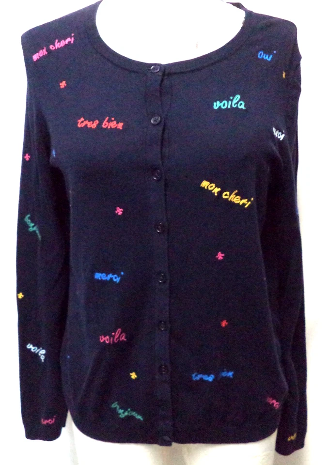 Talbots Embroidered French Cardigan sweater top Voila Merci Bonjour Large Lg L - Image 1 of 4