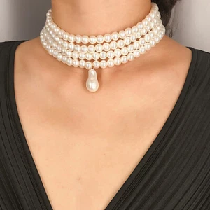 Women Multi-layer White Shell Pearl Choker Collar Baroque Pendant Necklace 16'' - Picture 1 of 4