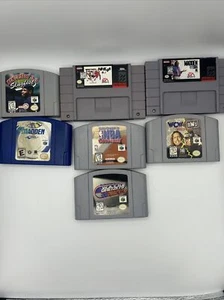 Lot Of 7 Nintendo 64 SNES Sports Games- Madden / WWE/MLB/NBA- N64/Super Nintendo - Picture 1 of 20