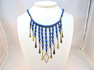 Vintage Blue Dangling Tassel Glass Bead Necklace - Picture 1 of 9
