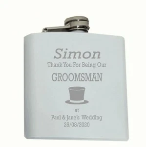 Personalised  Groomsman Top Hat  6oz White Hip Flask In A Paper Box HF602 - Picture 1 of 1