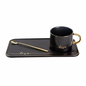 TJ Gobal Porzellan Kaffeetasse, Teetasse mit Untertasse und goldener Löffel mit Gold... - Bild 1 von 6