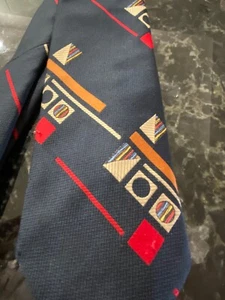 Vintage 70s Polyester Tie Retro 40s Abstract Geometric Pattern Dark Blue 4 x 56  - Picture 1 of 5