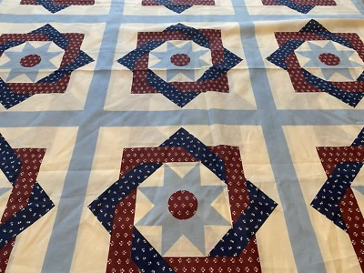 3 yds x118"w Vtg Calico Star Patchwork Cheater Quilt Fabric Red White Blue Valor - Image 1 of 3