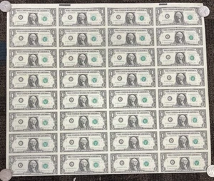 UNCUT SHEET of 1988 One Dollar Federal Reserve Notes 32x $1 RARE #77470 - Bild 1 von 2